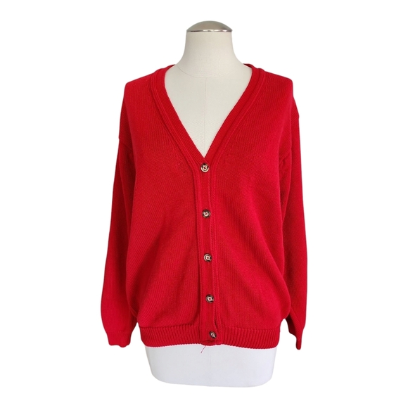 VTG SFK Knitworks Red Button-Up Cardigan Sweater Women’s S 100% Cotton Mr. Roger - Picture 1 of 10